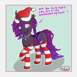 Size: 2500x2500 | Tagged: safe, artist:solos, derpibooru import, oc, oc:coco (changeling), changeling, changeling queen, blushing, changeling oc, christmas, clothes, female, hat, holiday, image, png, santa hat, shy, socks, text