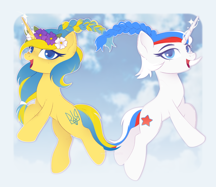 Size: 1953x1696 | Tagged: safe, alternate version, artist:arina-gremyako, derpibooru import, oc, oc:marussia, oc:ukraine, ponified, pony, unicorn, alternate hairstyle, duo, female, floral head wreath, flower, freckles, glow, glowing horn, heart, horn, image, magic, mare, nation ponies, open mouth, peace, png, ponytail, raised hoof, russia, symbolism, ukraine
