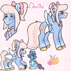 Size: 1280x1280 | Tagged: safe, artist:saltytangerine, derpibooru import, oc, pegasus, pony, bandaid, blue coat, bow, braid, braided tail, bust, cutie mark, ear piercing, earring, female, filly, foal, four wings, full body, g5, glasses, glory (g5), hair bow, image, jewelry, mare, multiple wings, pastel, pegasus oc, piercing, png, ponytail, reference sheet, smiling, tail, teacher, wings