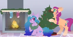 Size: 4376x2250 | Tagged: safe, artist:tired-horse-studios, derpibooru import, izzy moonbow, sunny starscout, pony, christmas, christmas lights, christmas tree, fireplace, g5, hearth's warming tree, holiday, image, png, tree