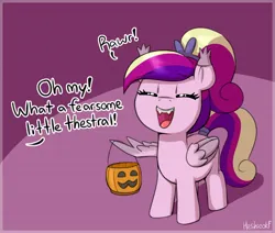 Size: 2576x2184 | Tagged: safe, artist:heretichesh, derpibooru import, princess cadance, bat pony, pegasus, pony, clothes, costume, cute, cutedance, eyes closed, fake fangs, fangs, female, filly, filly cadance, foal, halloween, holiday, image, jpeg, nightmare night costume, offscreen character, one wing out, open mouth, open smile, pegasus cadance, pumpkin bucket, signature, smiling, solo, trick or treat, wings, younger