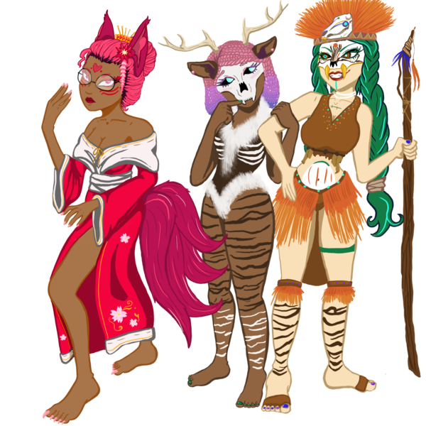 Size: 2048x2048 | Tagged: safe, alternate version, artist:weegeepie-nightring, derpibooru import, oc, oc:olivia leaf, oc:venus red heart, oc:zuri sambo, unofficial characters only, human, wendigo, barefoot, belly button, bodypaint, bra, clothes, costume, dark skin, ear piercing, eared humanization, earring, eyeshadow, face paint, feet, female, fur, glasses, grin, halloween, halloween costume, headdress, holiday, horn, horned humanization, humanized, humanized oc, image, jewelry, kimono (clothing), kitsune, lesbian, lipstick, makeup, midriff, nail polish, oc x oc, piercing, png, robe, shipping, simple background, skull, smiling, staff, tail, tailed humanization, toenail polish, transparent background, trio, underwear, witch, witch doctor