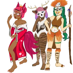 Size: 2048x2048 | Tagged: safe, alternate version, artist:weegeepie-nightring, derpibooru import, oc, oc:olivia leaf, oc:venus red heart, oc:zuri sambo, unofficial characters only, human, wendigo, barefoot, belly button, bodypaint, bra, clothes, costume, dark skin, ear piercing, eared humanization, earring, eyeshadow, face paint, feet, female, fur, glasses, grin, halloween, halloween costume, headdress, holiday, horn, horned humanization, humanized, humanized oc, image, jewelry, kimono (clothing), kitsune, lesbian, lipstick, makeup, midriff, nail polish, oc x oc, piercing, png, robe, shipping, simple background, skull, smiling, staff, tail, tailed humanization, toenail polish, transparent background, trio, underwear, witch, witch doctor