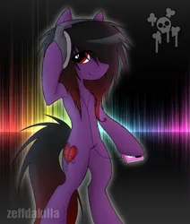 Size: 2139x2524 | Tagged: safe, artist:zeffdakilla, derpibooru import, oc, oc:frankie fang, unofficial characters only, pegasus, pony, abstract background, black hair, black mane, emo, headphones, image, ipod, looking to side, male, png, ponysona, purple fur, scene, scene kid, skull, solo, standing