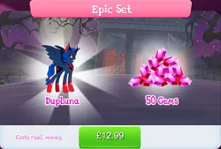 Size: 1268x857 | Tagged: safe, derpibooru import, idw, official, princess luna, alicorn, pony, reflections, spoiler:comic, bundle, costs real money, evil counterpart, evil luna, female, gameloft, gem, horn, idw showified, image, jpeg, mare, mirror universe, sale, solo, solo focus, spread wings, wings