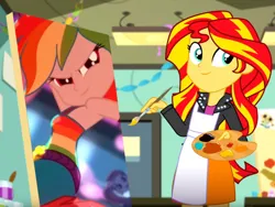 Size: 4096x3072 | Tagged: safe, derpibooru import, edit, edited screencap, editor:gay-horse, editor:itsmgh1203, screencap, rainbow dash, rose heart, sunset shimmer, human, eqg summertime shorts, equestria girls, raise this roof, the art of friendship, apron, belt, boots, breasts, clothes, cute, cutie mark, cutie mark on clothes, duo, duo female, duo focus, exploitable meme, faic, fall formal outfits, female, image, jacket, jpeg, leather, leather jacket, lesbian, meme, painting, sexy, shimmerbetes, shipping, shoes, sleeveless, smiling, smirk, smug, smugdash, sunset's painting, sunsetdash, sweet dreams fuel