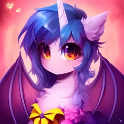 Size: 1024x1024 | Tagged: safe, derpibooru import, machine learning generated, purplesmart.ai, stable diffusion, oc, unnamed oc, bat pony, pony, anatomically incorrect, anime style, bat wings, blue mane, bow, chest fluff, cute, ear fluff, eyelashes, female, horn, image, jpeg, looking at you, mare, solo, watermark, wings