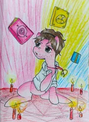 Size: 796x1097 | Tagged: safe, artist:mintytreble, derpibooru import, ponified, earth pony, pony, book, candle, crossover, darling, image, jpeg, magic, magic circle, sucker for love, summoning, summoning circle, traditional art