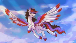 Size: 4200x2362 | Tagged: safe, artist:dimwitdog, derpibooru import, oc, unofficial characters only, pegasus, cloud, colored wings, explicit source, flying, image, multicolored hair, multicolored mane, multicolored wings, png, simple background, sky, solo, wings