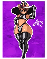 Size: 2000x2500 | Tagged: suggestive, artist:renegade-157, derpibooru import, oc, oc:sai, anthro, unicorn, clothes, costume, glasses, halloween, halloween costume, holiday, image, latex, looking at you, png