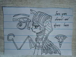 Size: 1706x1280 | Tagged: safe, artist:tupuan, derpibooru import, oc, unofficial characters only, abyssinian, earth pony, pony, cleopatra, egypt, egyptian, image, jpeg, lined paper, solo, traditional art