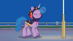 Size: 3072x1727 | Tagged: safe, derpibooru import, screencap, izzy moonbow, pony, unicorn, my little pony: tell your tale, spoiler:g5, spoiler:my little pony: tell your tale, spoiler:tyts01e34, clothes, eyes closed, female, g5, high res, hoodie, image, jpeg, mare, night, smiling, sneaksy, sneaksy strikes again, solo, youtube link