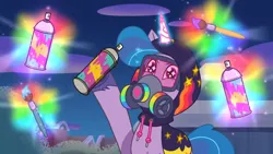 Size: 3072x1727 | Tagged: safe, derpibooru import, screencap, izzy moonbow, pony, unicorn, my little pony: tell your tale, spoiler:g5, spoiler:my little pony: tell your tale, spoiler:tyts01e34, clothes, female, g5, gas mask, goggles, high res, hoodie, image, jpeg, magic, mare, mask, night, sneaksy, sneaksy strikes again, solo, telekinesis, wingding eyes, youtube link