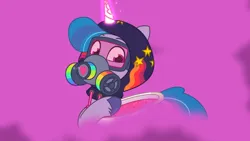 Size: 3072x1727 | Tagged: safe, derpibooru import, screencap, izzy moonbow, pony, unicorn, my little pony: tell your tale, spoiler:g5, spoiler:my little pony: tell your tale, spoiler:tyts01e34, clothes, female, g5, gas mask, goggles, high res, hoodie, image, jpeg, magic, mare, mask, night, sneaksy, sneaksy strikes again, solo, telekinesis, youtube link
