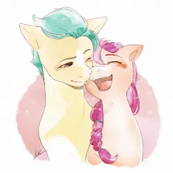 Size: 2048x2048 | Tagged: safe, artist:ku_rimo, derpibooru import, hitch trailblazer, sunny starscout, earth pony, pony, blushing, eyes closed, female, g5, happy, image, jpeg, male, one eye closed, open mouth, open smile, shipping, smiling, straight, sunnyhitch