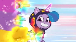 Size: 3072x1727 | Tagged: safe, derpibooru import, screencap, izzy moonbow, pony, unicorn, my little pony: tell your tale, spoiler:g5, spoiler:my little pony: tell your tale, spoiler:tyts01e34, clothes, female, g5, grin, high res, hoodie, image, jpeg, magic, mare, night, smiling, sneaksy, sneaksy strikes again, solo, telekinesis, youtube link