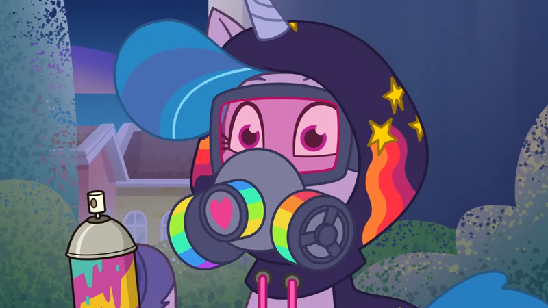 Size: 3072x1727 | Tagged: safe, derpibooru import, screencap, izzy moonbow, pony, unicorn, my little pony: tell your tale, spoiler:g5, spoiler:my little pony: tell your tale, spoiler:tyts01e34, clothes, female, g5, gas mask, goggles, high res, hoodie, image, jpeg, mare, mask, night, sneaksy, sneaksy strikes again, solo, youtube link