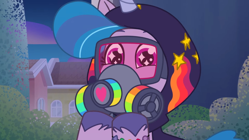 Size: 3072x1727 | Tagged: safe, derpibooru import, screencap, izzy moonbow, pony, unicorn, my little pony: tell your tale, spoiler:g5, spoiler:my little pony: tell your tale, spoiler:tyts01e34, clothes, female, g5, gas mask, goggles, high res, hoodie, image, jpeg, mare, mask, night, sneaksy, sneaksy strikes again, solo, starry eyes, wingding eyes, youtube link