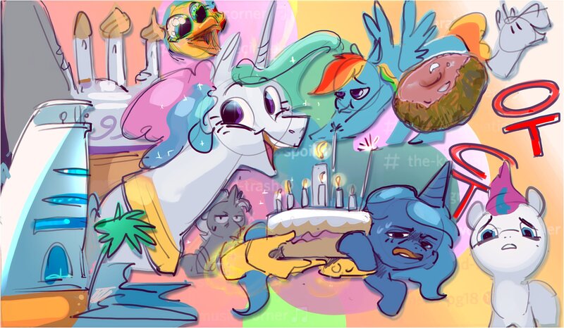 Size: 2709x1578 | Tagged: safe, artist:alumx, derpibooru import, princess celestia, princess luna, princess skystar, rainbow dash, zipp storm, alicorn, classical hippogriff, hippogriff, pegasus, pony, unicorn, my little pony: the movie, birthday cake, cake, cobra stretch, donut, female, food, g5, hand, image, iwtcird, jpeg, magic, magic hands, mare, meme, spread legs, spreading, stretching