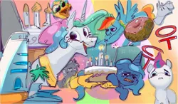 Size: 2709x1578 | Tagged: safe, artist:alumx, derpibooru import, princess celestia, princess luna, princess skystar, rainbow dash, zipp storm, alicorn, classical hippogriff, hippogriff, pegasus, pony, unicorn, my little pony: the movie, birthday cake, cake, cobra stretch, donut, female, food, g5, hand, image, iwtcird, jpeg, magic, magic hands, mare, meme, spread legs, spreading, stretching