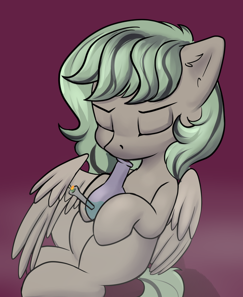 Size: 1796x2200 | Tagged: safe, artist:dumbwoofer, derpibooru import, oc, oc:forest air, pegasus, pony, bong, drugs, ear fluff, eyes closed, female, high, image, mare, marijuana, pegasus oc, png, simple background, sitting, smoking, solo, stoned, wings