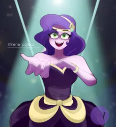 Size: 3100x3400 | Tagged: safe, artist:diamondgreenanimat0, derpibooru import, pipp petals, human, equestria girls, clothes, dress, equestria girls-ified, eye clipping through hair, female, g5, g5 to equestria girls, generation leap, green eyes, hand, hand on chest, image, looking at you, movie reference, open mouth, open smile, png, purple hair, redraw, simple background, smiling, solo