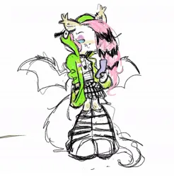 Size: 991x1009 | Tagged: safe, artist:shugrcube, derpibooru import, fluttershy, anthro, bat pony, antonymph, bat ponified, boots, clothes, ear piercing, earring, emo, eyeshadow, flip phone, flutterbat, fluttgirshy, gir, hoodie, image, jewelry, jpeg, lidded eyes, looking down, makeup, mobile phone, phone, piercing, race swap, shirt, shoes, simple background, skirt, solo, vylet pony, white background