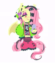 Size: 679x773 | Tagged: safe, artist:shugrcube, derpibooru import, fluttershy, anthro, bat pony, antonymph, bat ponified, boots, clothes, ear piercing, earbuds, earring, emo, eyeshadow, flip phone, flutterbat, fluttgirshy, frown, gir, hoodie, image, jewelry, jpeg, lidded eyes, looking down, makeup, mobile phone, phone, piercing, race swap, ring, shirt, shoes, simple background, skirt, solo, vylet pony, white background