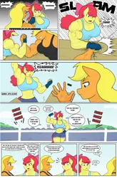 Size: 2012x3072 | Tagged: safe, artist:matchstickman, derpibooru import, apple bloom, applejack, anthro, earth pony, pony, tumblr:where the apple blossoms, apple bloom's bow, apple brawn, applejacked, arm wrestling, armpits, biceps, bow, breasts, busty apple bloom, busty applejack, clothes, comic, crowd, deltoids, dialogue, female, gritted teeth, hair bow, image, jpeg, mare, matchstickman's apple brawn series, muscles, muscular female, older, older apple bloom, pecs, speech bubble, table, teeth, thighs, thunder thighs, tumblr comic