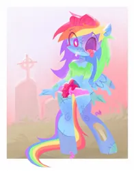 Size: 1016x1293 | Tagged: semi-grimdark, artist:shugrcube, derpibooru import, rainbow dash, anthro, pegasus, undead, unguligrade anthro, worm, zombie, bone, clothes, costume, drool, female, gravestone, guts, halloween, halloween costume, holiday, image, jpeg, looking at you, missing eye, shirt, shorts, solo, solo female