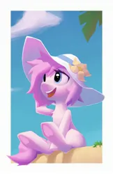 Size: 1889x2920 | Tagged: safe, artist:senaelik, derpibooru import, oc, unofficial characters only, pony, chest fluff, happy, hat, image, jpeg, open mouth, open smile, smiling, solo, sun hat