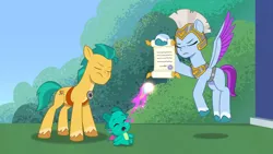 Size: 3072x1727 | Tagged: safe, derpibooru import, screencap, hitch trailblazer, sparky sparkeroni, dragon, earth pony, pegasus, pony, my little pony: tell your tale, spoiler:g5, spoiler:my little pony: tell your tale, spoiler:tyts01e34, baby, baby dragon, eyes closed, female, flying, g5, high res, image, jpeg, male, mare, open mouth, sneaksy strikes again, spread wings, stallion, trio, wings, youtube link, zoom zephyrwing