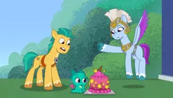 Size: 3072x1727 | Tagged: safe, derpibooru import, screencap, hitch trailblazer, sparky sparkeroni, dragon, earth pony, pegasus, pony, my little pony: tell your tale, spoiler:g5, spoiler:my little pony: tell your tale, spoiler:tyts01e34, :o, baby, baby dragon, cake, female, flying, food, g5, high res, image, jpeg, male, mare, open mouth, sneaksy strikes again, spread wings, stallion, trio, wings, youtube link, zoom zephyrwing