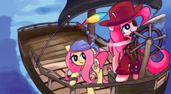 Size: 1821x1000 | Tagged: safe, artist:solid shrimp, derpibooru import, fluttershy, pinkie pie, earth pony, pegasus, pony, boat, clothes, coat, headband, image, jpeg, pinktober, pirate, sailing, sword, water, weapon