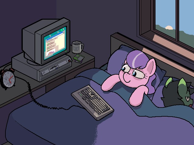 Size: 640x480 | Tagged: safe, artist:darkdoomer, derpibooru import, diamond tiara, oc, oc:anonfilly, unofficial characters only, pony, alarm clock, clock, computer, cup, cute, duo, female, filly, floppy disk, ibm ps/2, image, jpeg, keyboard, looking at something, monitor, morning, sleep deprivation