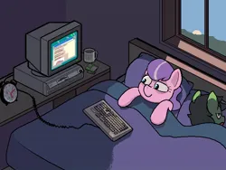 Size: 640x480 | Tagged: safe, artist:darkdoomer, derpibooru import, diamond tiara, oc, oc:anonfilly, unofficial characters only, pony, alarm clock, clock, computer, cup, cute, duo, female, filly, floppy disk, ibm ps/2, image, jpeg, keyboard, looking at something, monitor, morning, sleep deprivation
