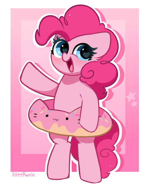 Size: 3288x4064 | Tagged: safe, artist:kittyrosie, derpibooru import, pinkie pie, earth pony, pony, :3, bipedal, cute, diapinkes, donut, female, food, heart, heart eyes, image, looking at you, mare, open mouth, open smile, png, smiling, smiling at you, solo, wingding eyes