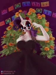 Size: 2880x3840 | Tagged: suggestive, artist:flutterpink_3d, derpibooru import, rarity, anthro, unicorn, 3d, black dress, blender, blender cycles, breasts, busty rarity, clothes, dia de los muertos, dress, flower, flower in hair, image, makeup, mexican, mexico, png, solo
