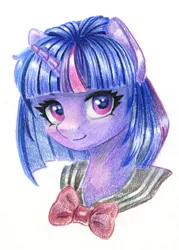 Size: 716x1000 | Tagged: safe, artist:maytee, derpibooru import, twilight sparkle, pony, alternate hairstyle, bust, clothes, colored pencil drawing, image, jpeg, portrait, short hair, simple background, solo, traditional art, white background