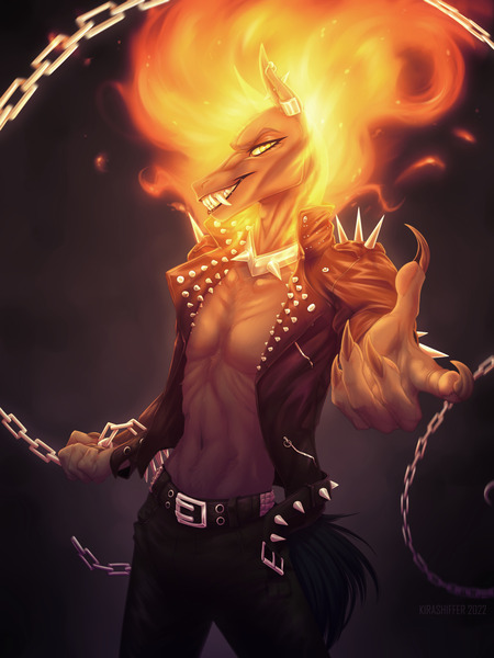 Size: 1500x2000 | Tagged: safe, artist:dementra369, derpibooru import, oc, oc:ruby drop, unofficial characters only, anthro, barely pony related, chains, claws, clothes, collar, fire, ghost rider, grin, image, jpeg, looking at you, mane of fire, rule 63, smiling, solo, spiked collar