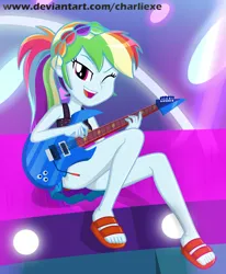 Size: 1798x2184 | Tagged: safe, artist:charliexe, derpibooru import, rainbow dash, human, equestria girls, equestria girls series, spring breakdown, spoiler:eqg series (season 2), alternate hairstyle, clothes, cute, dashabetes, electric guitar, feet, female, guitar, image, legs, musical instrument, one eye closed, open mouth, png, rainbow dash always dresses in style, sandals, schrödinger's pantsu, sitting, sleeveless, solo, thighs, wink