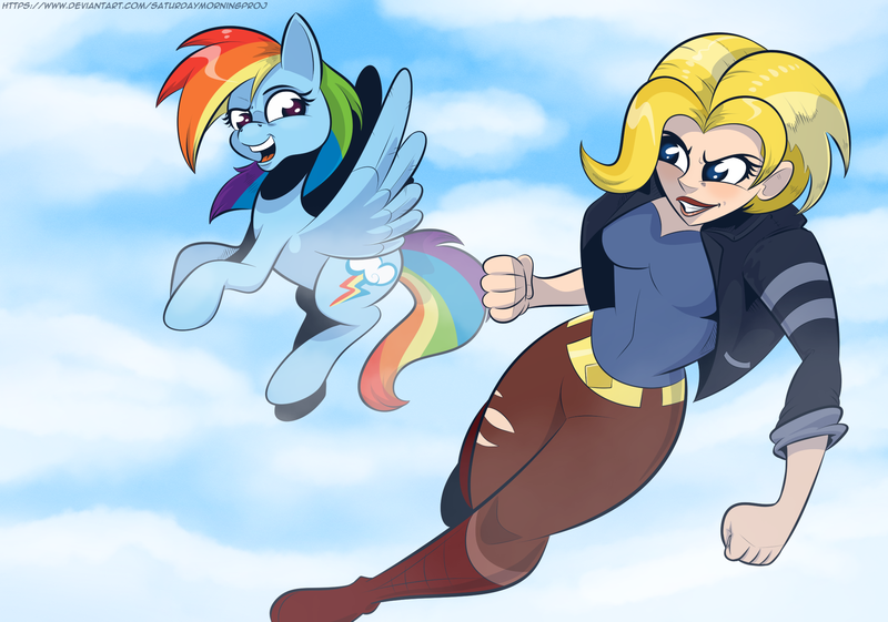 Size: 2200x1544 | Tagged: safe, artist:saturdaymorningproj, derpibooru import, rainbow dash, pegasus, pony, cloud, crossover, dc comics, dc superhero girls, female, flying, image, kara zor-el, png, supergirl