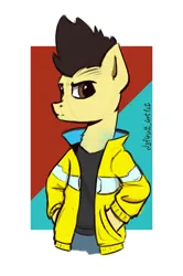 Size: 815x1226 | Tagged: safe, artist:d3f4ult_4rt1st, derpibooru import, oc, ponified, earth pony, pony, abstract background, clothes, colored sketch, cyberpunk, cyberpunk 2077, image, jacket, male, png, simple background, solo