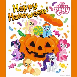 Size: 1080x1080 | Tagged: safe, artist:mylittleponyjpn, derpibooru import, official, applejack, fluttershy, pinkie pie, rainbow dash, rarity, twilight sparkle, earth pony, pegasus, pony, unicorn, candy, female, food, halloween, happy halloween, holiday, image, jack-o-lantern, jpeg, mane six, mare, my little pony logo, pumpkin, unicorn twilight