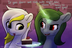 Size: 3072x2048 | Tagged: safe, artist:darbedarmoc, derpibooru import, oc, oc:minerva, pegasus, pony, unicorn, birthday, birthday cake, cake, dialogue, duo, duo female, eyes on the prize, fangs, female, females only, food, golden eyes, image, looking at each other, looking at someone, magic, png, red eyes, smiling, telekinesis, tongue out, two toned mane