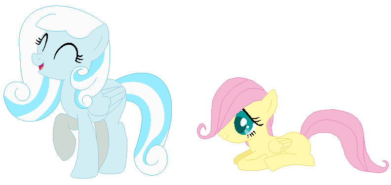 Size: 792x376 | Tagged: safe, artist:janethepegasus, artist:selenaede, derpibooru import, fluttershy, oc, oc:snowdrop, pegasus, pony, 2017, alternate universe, base used, duo, duo female, eyes closed, female, filly, filly fluttershy, image, mare, older snowdrop, pegasus oc, png, role reversal, simple background, white background, wings, younger