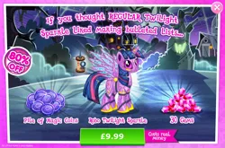 Size: 1960x1297 | Tagged: safe, derpibooru import, official, twilight sparkle, twilight sparkle (alicorn), alicorn, pony, robot, robot pony, advertisement, antennae, camera, costs real money, english, female, gameloft, gem, horn, image, jpeg, magic coins, mare, numbers, roboticization, sale, solo, solo focus, spread wings, text, twibot, wings