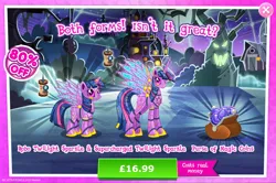Size: 1961x1304 | Tagged: safe, derpibooru import, official, twilight sparkle, twilight sparkle (alicorn), alicorn, pony, robot, robot pony, advertisement, antennae, camera, costs real money, duality, english, female, gameloft, height difference, horn, image, jpeg, magic coins, mare, numbers, roboticization, sale, solo, solo focus, spread wings, text, twibot, wings
