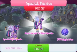 Size: 1270x860 | Tagged: safe, derpibooru import, official, twilight sparkle, twilight sparkle (alicorn), alicorn, pony, robot, robot pony, antennae, bundle, camera, costs real money, duality, english, female, gameloft, gem, height difference, horn, image, jpeg, magic coins, mare, numbers, roboticization, sale, solo, solo focus, spread wings, text, twibot, wings