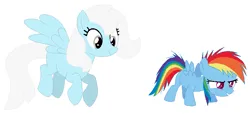 Size: 800x366 | Tagged: safe, artist:janethepegasus, artist:selenaede, derpibooru import, rainbow dash, oc, oc:cumulus, pegasus, pony, 2017, alternate universe, base used, duo, duo female, female, filly, filly rainbow dash, image, mare, pegasus oc, png, role reversal, simple background, white background, wings, younger